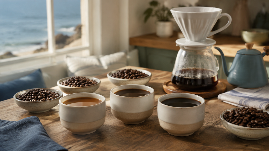 Three coffees prepared for a coffee sample pack tasting